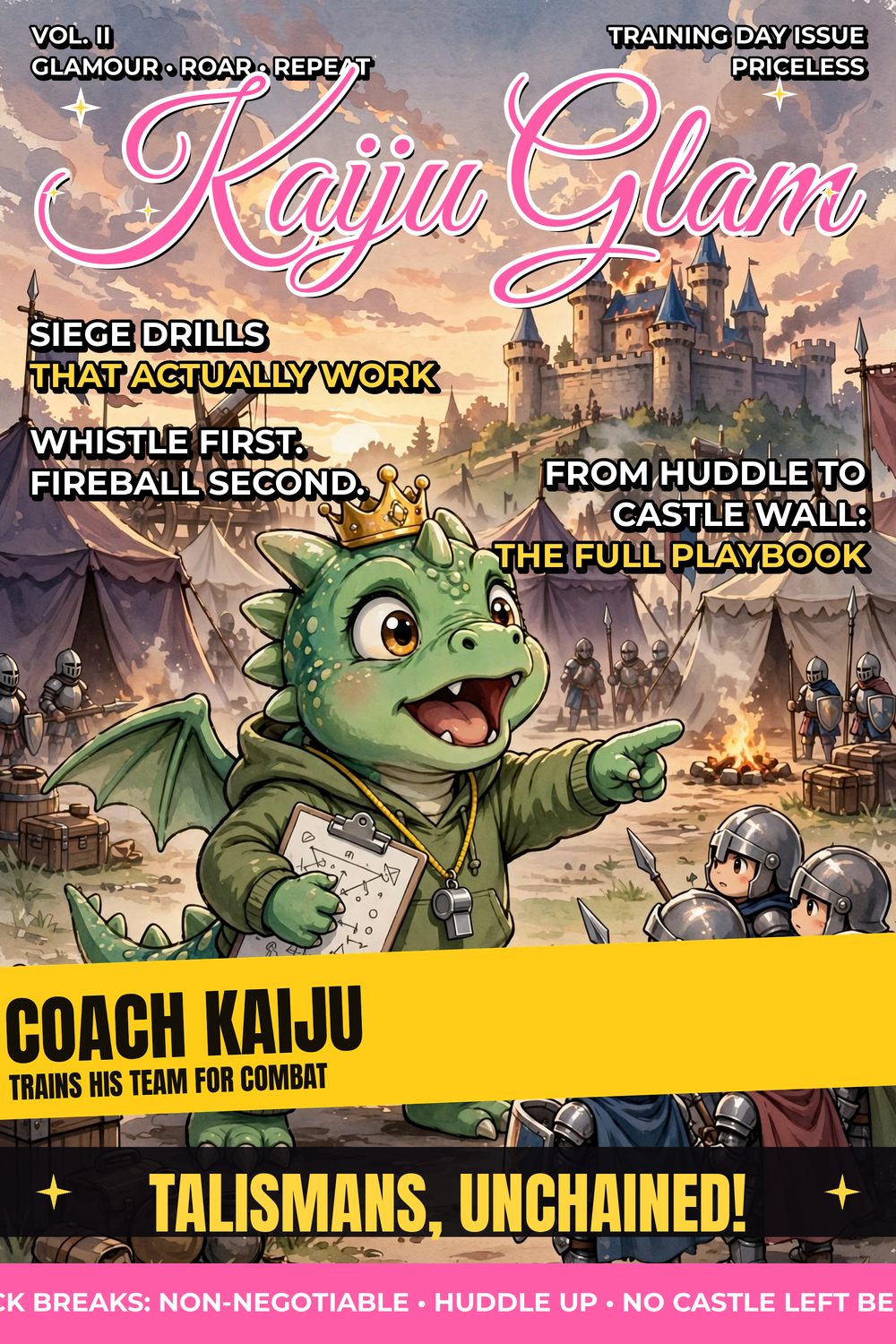 Obálka časopisu Kaiju Glam — Baby Godzilla jako trenér v teplácích s píšťalkou, deska s bojovými tahy, trénuje kruh rytířů