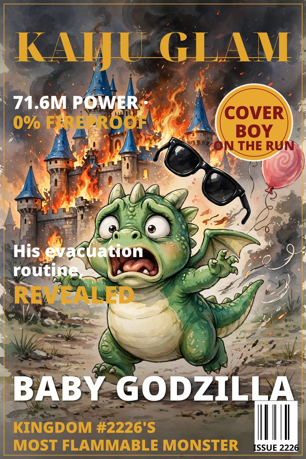Obálka časopisu Kaiju Glam — Baby Godzilla prchající ze svého hořícího hradu, Cover Boy na útěku
