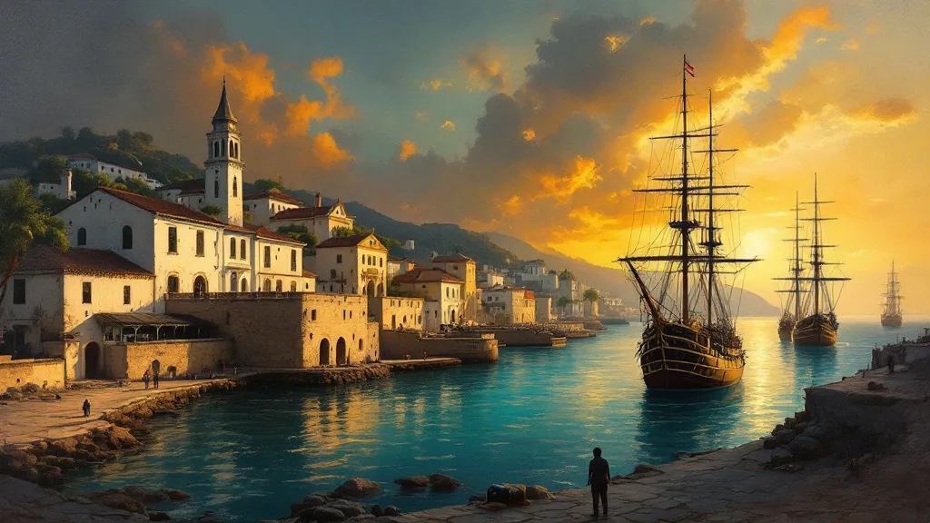 A painted harbour at golden hour, tall ships at anchor — Port Royal, one of the ports in Ransack